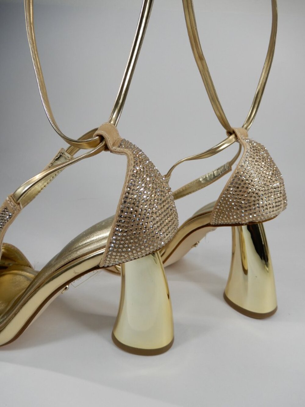 AZALEA WANG Builany Pump Sandals 7 Gold Rhinestone Lace-Up Heels Square Toe NEW - Picture 9 of 14